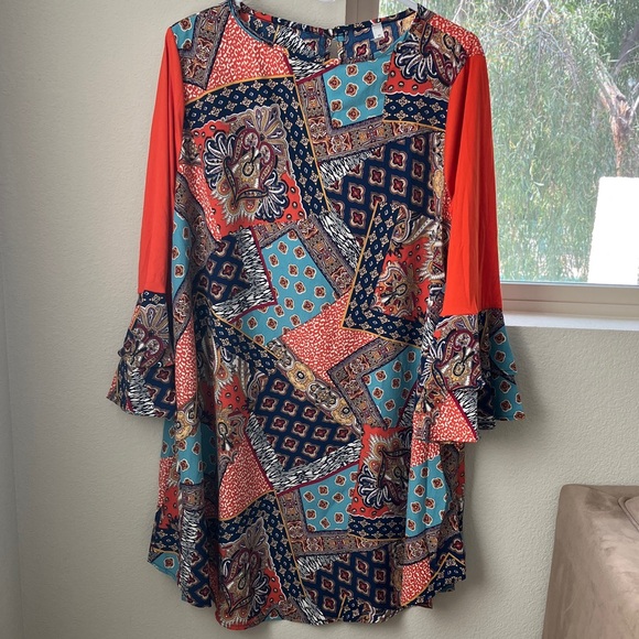 Emerald Orange and Blue Patchwork Tunic Dress - Picture 1 of 6